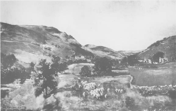 View in Wharfedale, Near Appletreewick. From a painting by G.F. Dean.  (c) Yorkshire Ramblers' Club