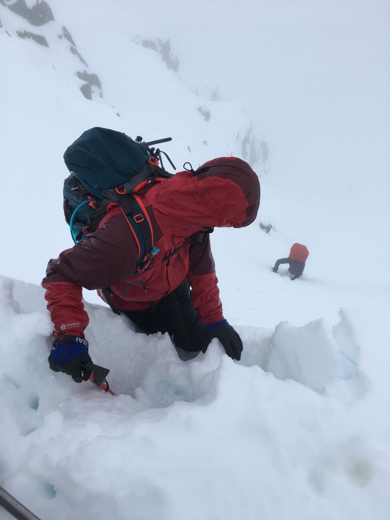 Luke Judge at top of Broad Gully, David Large lower down